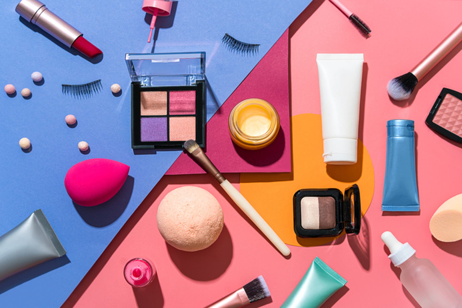  Set of Beauty Products Laid Out on a Multi-Colour Background 