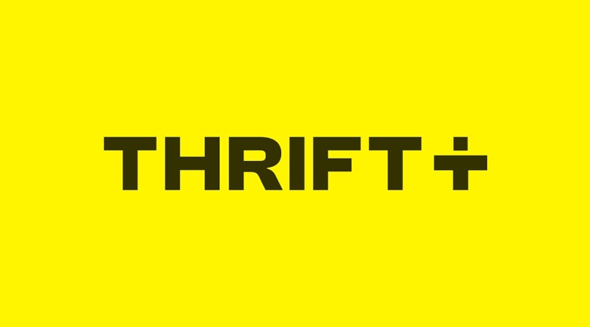  The Thrift+ logo in black on a yellow background. 